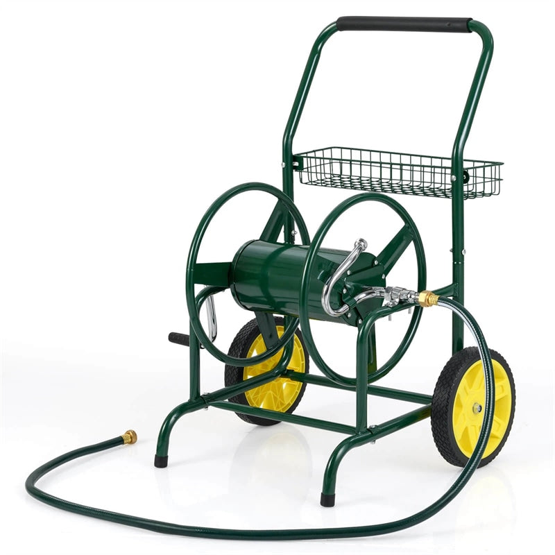 Garden Hose Reel Cart Holds 230FT of 5/8" Hose, Heavy-Duty Hose Cart with 2 Wheels & Storage Basket, Portable Water Hose Organizer for Yard