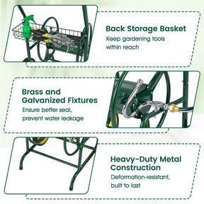 Garden Hose Reel Cart Holds 230FT of 5/8" Hose, Heavy-Duty Hose Cart with 2 Wheels & Storage Basket, Portable Water Hose Organizer for Yard