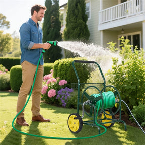Garden Hose Reel Cart Holds 230FT of 5/8" Hose, Heavy-Duty Hose Cart with 2 Wheels & Storage Basket, Portable Water Hose Organizer for Yard