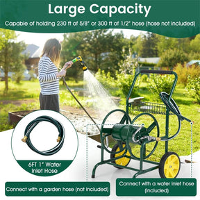 Garden Hose Reel Cart Holds 230FT of 5/8" Hose, Heavy-Duty Hose Cart with 2 Wheels & Storage Basket, Portable Water Hose Organizer for Yard