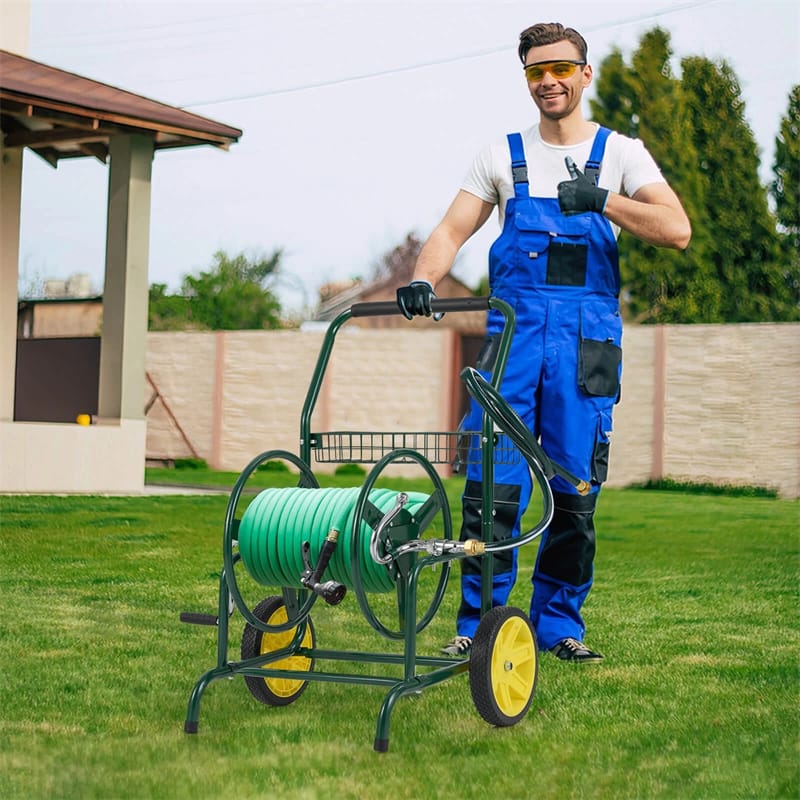 Garden Hose Reel Cart Holds 230FT of 5/8" Hose, Heavy-Duty Hose Cart with 2 Wheels & Storage Basket, Portable Water Hose Organizer for Yard