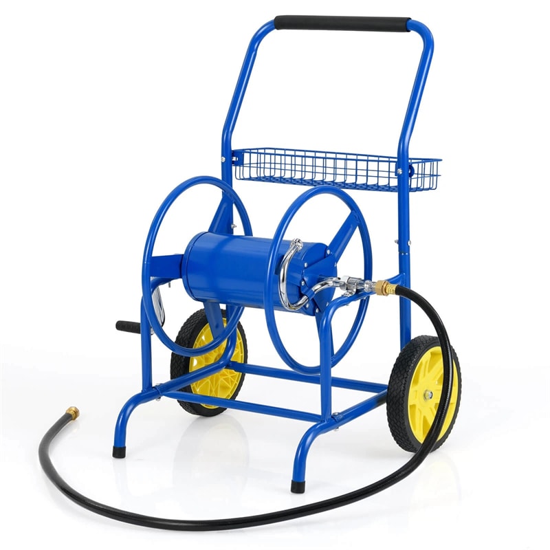 Garden Hose Reel Cart Holds 230FT of 5/8" Hose, Heavy-Duty Hose Cart with 2 Wheels & Storage Basket, Portable Water Hose Organizer for Yard