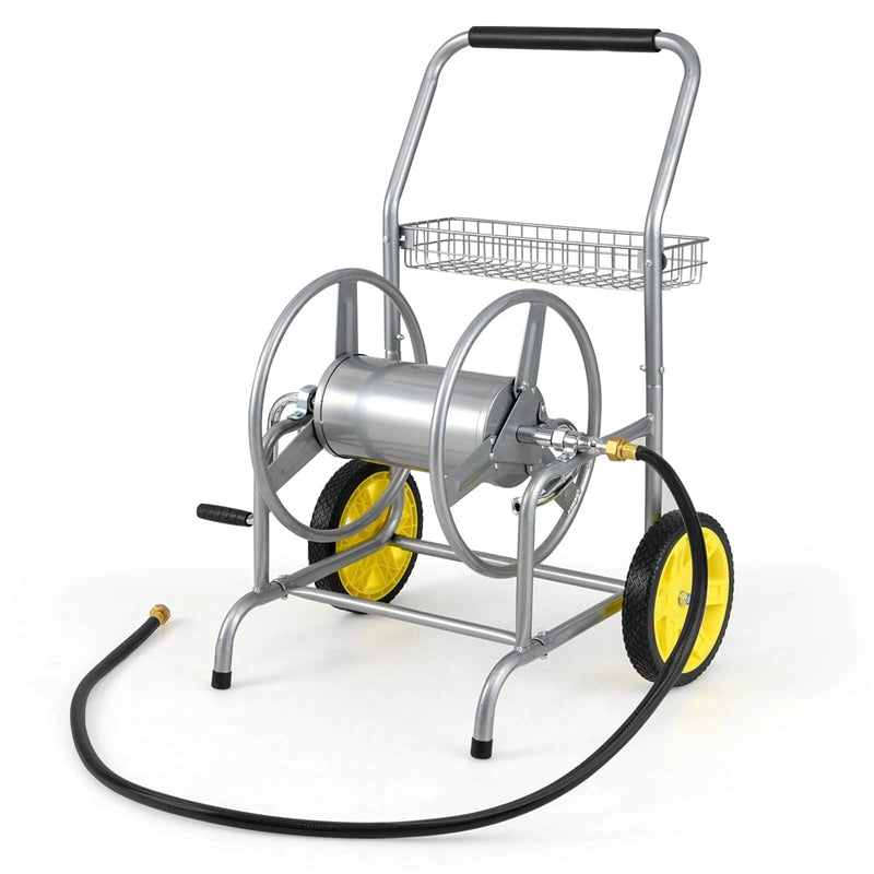 Garden Hose Reel Cart Holds 230FT of 5/8" Hose, Heavy-Duty Hose Cart with 2 Wheels & Storage Basket, Portable Water Hose Organizer for Yard