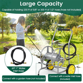Garden Hose Reel Cart Holds 230FT of 5/8" Hose, Heavy-Duty Hose Cart with 2 Wheels & Storage Basket, Portable Water Hose Organizer for Yard