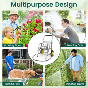 Garden Hose Reel Cart Holds 230FT of 5/8" Hose, Heavy-Duty Hose Cart with 2 Wheels & Storage Basket, Portable Water Hose Organizer for Yard
