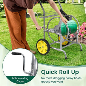 Garden Hose Reel Cart Holds 230FT of 5/8" Hose, Heavy-Duty Hose Cart with 2 Wheels & Storage Basket, Portable Water Hose Organizer for Yard