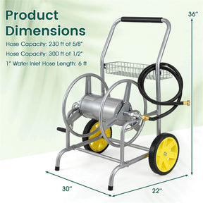 Garden Hose Reel Cart Holds 230FT of 5/8" Hose, Heavy-Duty Hose Cart with 2 Wheels & Storage Basket, Portable Water Hose Organizer for Yard