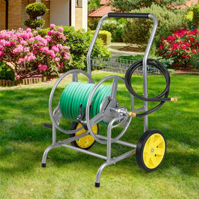 Garden Hose Reel Cart Holds 230FT of 5/8" Hose, Heavy-Duty Hose Cart with 2 Wheels & Storage Basket, Portable Water Hose Organizer for Yard