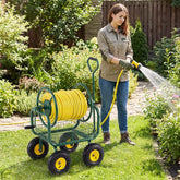 Heavy Duty Garden Hose Reel Cart, Portable 300 FT Large Capacity Metal Hose Cart with 4 Wheels & Storage Basket for Lawn and Garden