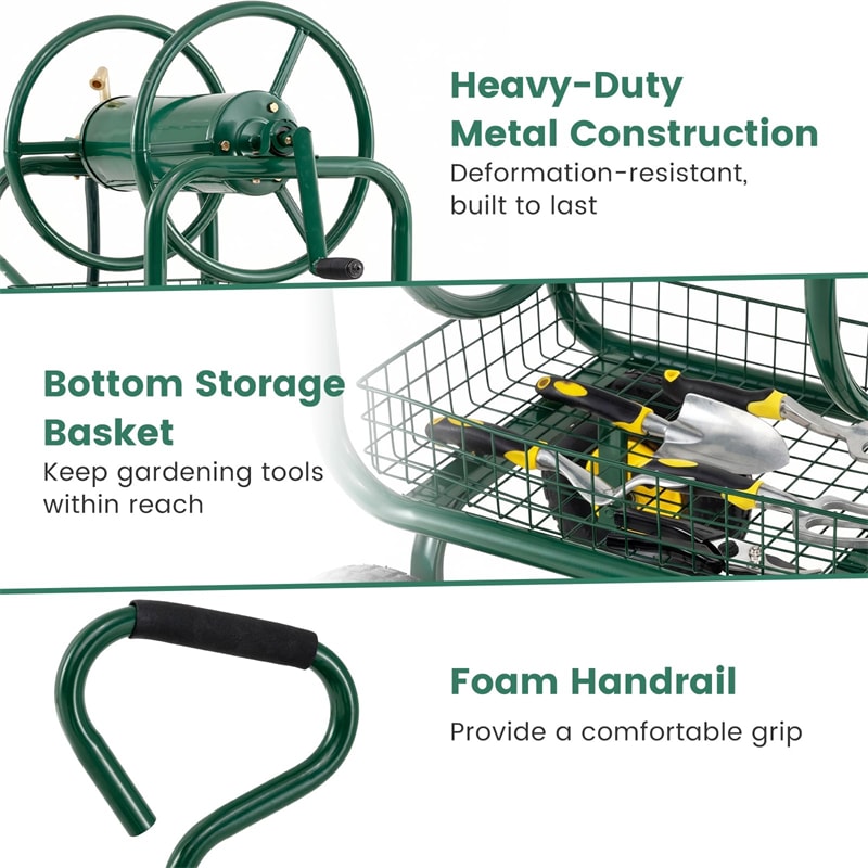 Portable Garden Hose Reel Cart Holds 300FT of 5/8" Large Capacity, Heavy-Duty Metal Hose Cart with 4 Wheels & Storage Basket for Lawn Yard