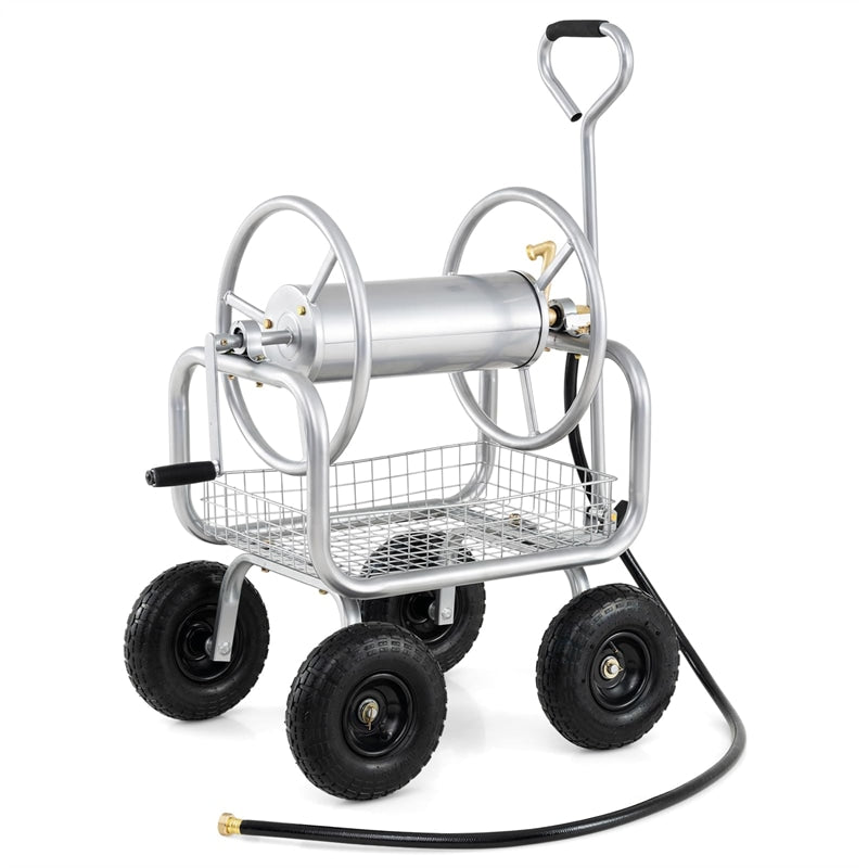 Portable Garden Hose Reel Cart Holds 300FT of 5/8" Large Capacity, Heavy-Duty Metal Hose Cart with 4 Wheels & Storage Basket for Lawn Yard