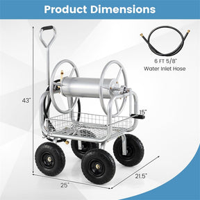 Portable Garden Hose Reel Cart Holds 300FT of 5/8" Large Capacity, Heavy-Duty Metal Hose Cart with 4 Wheels & Storage Basket for Lawn Yard