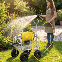 Portable Garden Hose Reel Cart Holds 300FT of 5/8" Large Capacity, Heavy-Duty Metal Hose Cart with 4 Wheels & Storage Basket for Lawn Yard