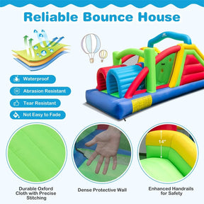 Inflatable Obstacle Course Bounce House w/ Dual Slides, Tunnels & Bounce Area, Huge Sectional Bouncy Castle for Big Kids Backyard
