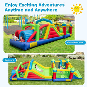 Inflatable Obstacle Course Bounce House w/ Dual Slides, Tunnels & Bounce Area, Huge Sectional Bouncy Castle for Big Kids Backyard