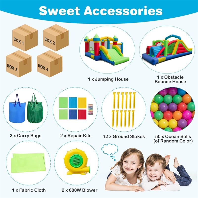 Inflatable Obstacle Course Bounce House w/ Dual Slides, Tunnels & Bounce Area, Huge Sectional Bouncy Castle for Big Kids Backyard