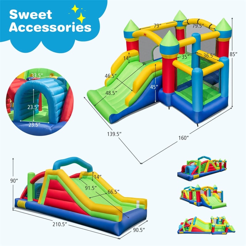 Inflatable Obstacle Course Bounce House w/ Dual Slides, Tunnels & Bounce Area, Huge Sectional Bouncy Castle for Big Kids Backyard