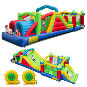 Inflatable Obstacle Course Bounce House w/ Dual Slides, Tunnels & Bounce Area, Huge Sectional Bouncy Castle for Big Kids Backyard