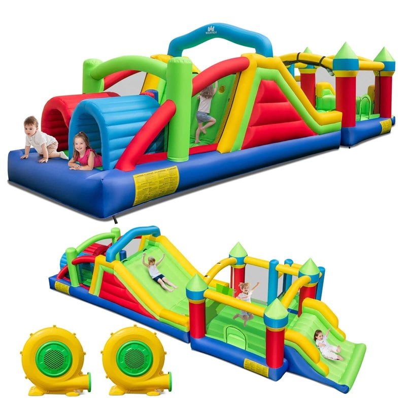 Inflatable Obstacle Course Bounce House w/ Dual Slides, Tunnels & Bounce Area, Huge Sectional Bouncy Castle for Big Kids Backyard