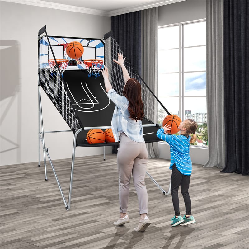 2 Player Foldable Basketball Arcade Game with 4 Balls, Indoor Double Shot Electronic Basketball Game