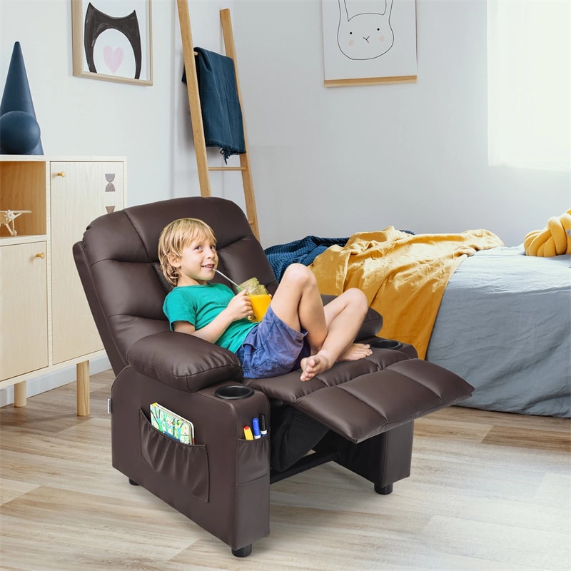 Kids Recliner Chair PU Leather Adjustable Lounge Sofa with Cup Holder, 3 Pockets & Retractable Footrest, Ergonomic Toddler Furniture Sofa