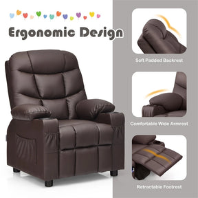 Kids Recliner Chair PU Leather Adjustable Lounge Sofa with Cup Holder, 3 Pockets & Retractable Footrest, Ergonomic Toddler Furniture Sofa