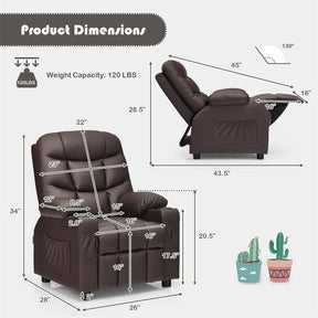 Kids Recliner Chair PU Leather Adjustable Lounge Sofa with Cup Holder, 3 Pockets & Retractable Footrest, Ergonomic Toddler Furniture Sofa