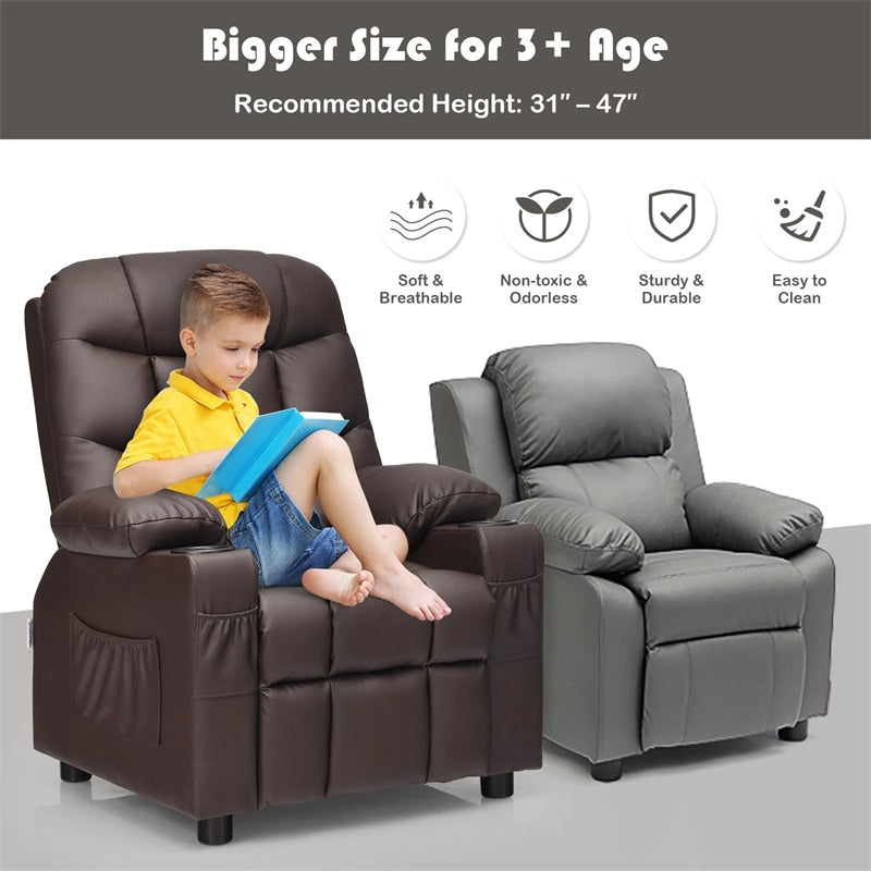 Kids Recliner Chair PU Leather Adjustable Lounge Sofa with Cup Holder, 3 Pockets & Retractable Footrest, Ergonomic Toddler Furniture Sofa