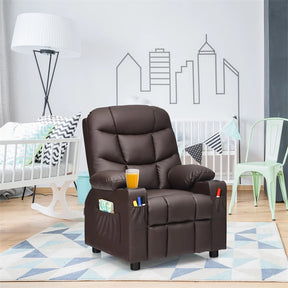 Kids Recliner Chair PU Leather Adjustable Lounge Sofa with Cup Holder, 3 Pockets & Retractable Footrest, Ergonomic Toddler Furniture Sofa