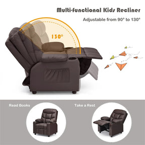 Kids Recliner Chair PU Leather Adjustable Lounge Sofa with Cup Holder, 3 Pockets & Retractable Footrest, Ergonomic Toddler Furniture Sofa