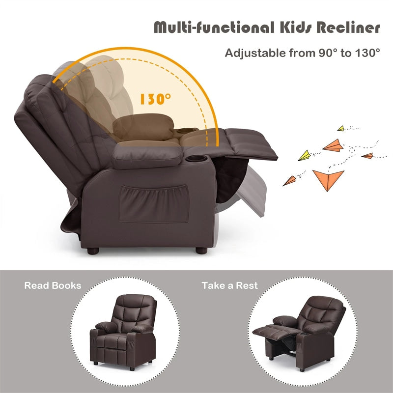 Kids Recliner Chair PU Leather Adjustable Lounge Sofa with Cup Holder, 3 Pockets & Retractable Footrest, Ergonomic Toddler Furniture Sofa