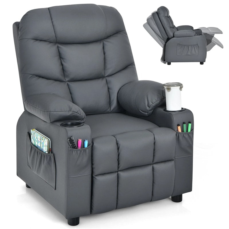 Kids Recliner Chair PU Leather Adjustable Lounge Sofa with Cup Holder, 3 Pockets & Retractable Footrest, Ergonomic Toddler Furniture Sofa