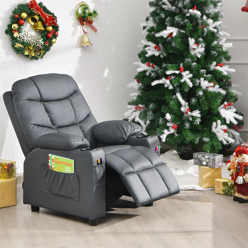 Kids Recliner Chair PU Leather Adjustable Lounge Sofa with Cup Holder, 3 Pockets & Retractable Footrest, Ergonomic Toddler Furniture Sofa