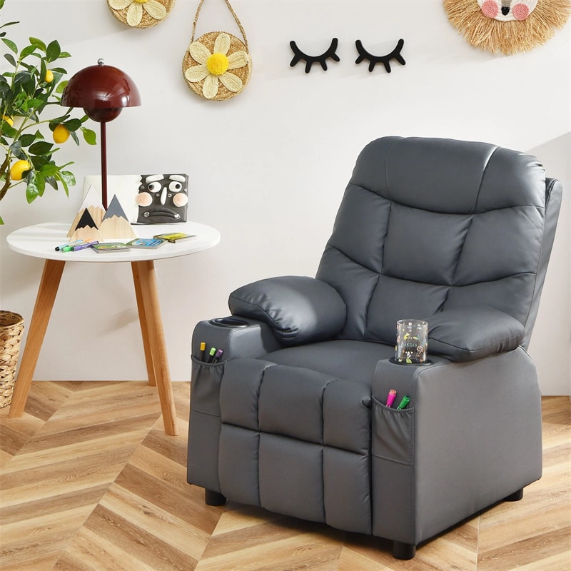 Kids Recliner Chair PU Leather Adjustable Lounge Sofa with Cup Holder, 3 Pockets & Retractable Footrest, Ergonomic Toddler Furniture Sofa