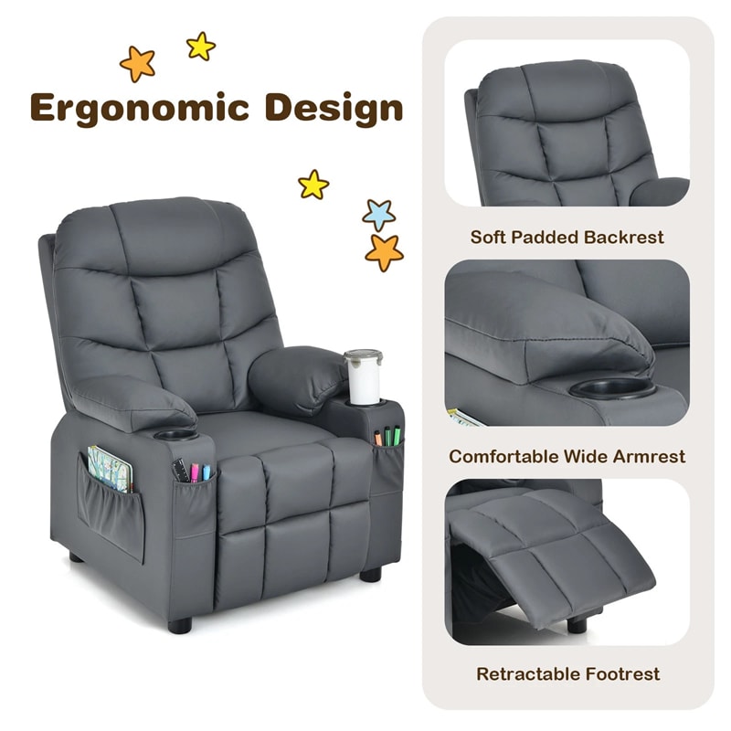 Kids Recliner Chair PU Leather Adjustable Lounge Sofa with Cup Holder, 3 Pockets & Retractable Footrest, Ergonomic Toddler Furniture Sofa