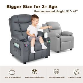 Kids Recliner Chair PU Leather Adjustable Lounge Sofa with Cup Holder, 3 Pockets & Retractable Footrest, Ergonomic Toddler Furniture Sofa