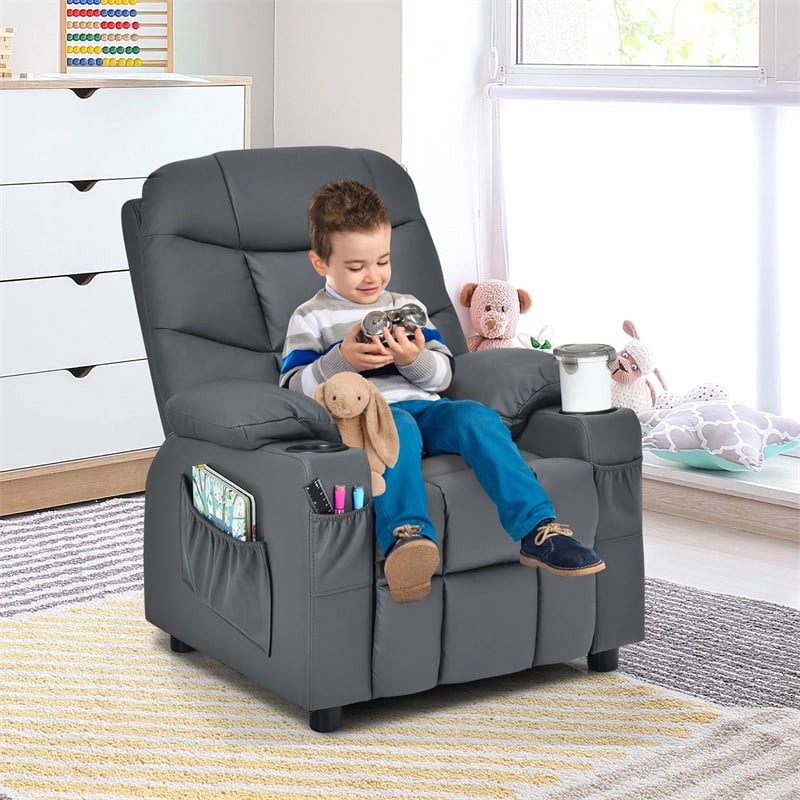 Kids Recliner Chair PU Leather Adjustable Lounge Sofa with Cup Holder, 3 Pockets & Retractable Footrest, Ergonomic Toddler Furniture Sofa