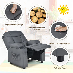 Kids Recliner Chair PU Leather Adjustable Lounge Sofa with Cup Holder, 3 Pockets & Retractable Footrest, Ergonomic Toddler Furniture Sofa