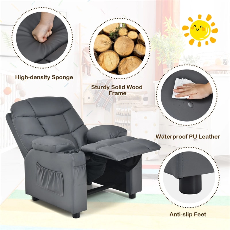 Kids Recliner Chair PU Leather Adjustable Lounge Sofa with Cup Holder, 3 Pockets & Retractable Footrest, Ergonomic Toddler Furniture Sofa