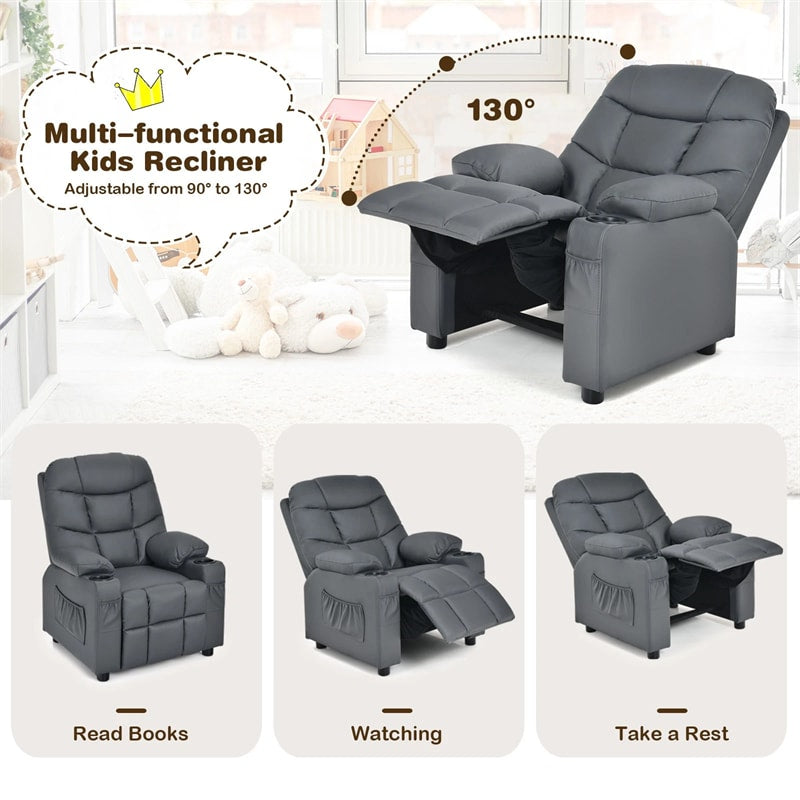 Kids Recliner Chair PU Leather Adjustable Lounge Sofa with Cup Holder, 3 Pockets & Retractable Footrest, Ergonomic Toddler Furniture Sofa
