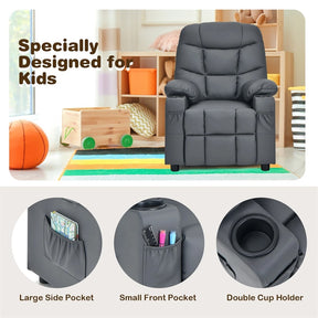 Kids Recliner Chair PU Leather Adjustable Lounge Sofa with Cup Holder, 3 Pockets & Retractable Footrest, Ergonomic Toddler Furniture Sofa