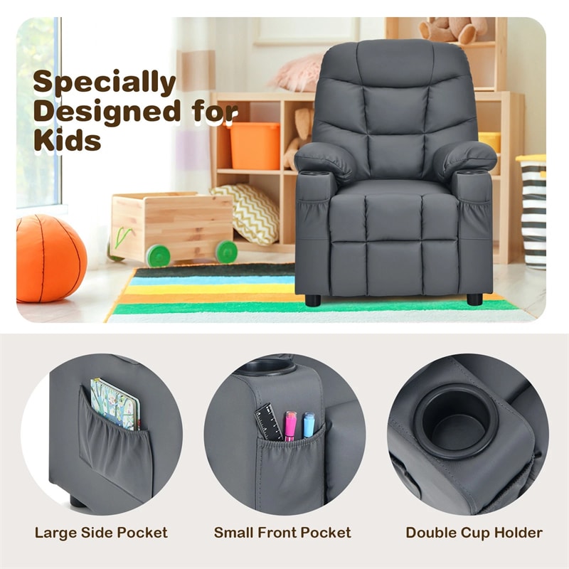 Kids Recliner Chair PU Leather Adjustable Lounge Sofa with Cup Holder, 3 Pockets & Retractable Footrest, Ergonomic Toddler Furniture Sofa