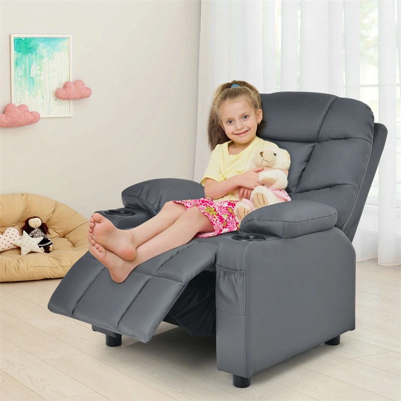 Kids Recliner Chair PU Leather Adjustable Lounge Sofa with Cup Holder, 3 Pockets & Retractable Footrest, Ergonomic Toddler Furniture Sofa