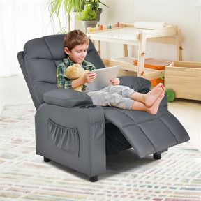 Kids Recliner Chair PU Leather Adjustable Lounge Sofa with Cup Holder, 3 Pockets & Retractable Footrest, Ergonomic Toddler Furniture Sofa