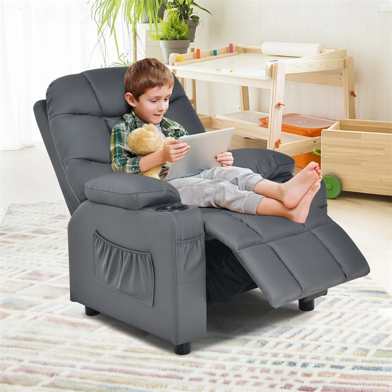 Kids Recliner Chair PU Leather Adjustable Lounge Sofa with Cup Holder, 3 Pockets & Retractable Footrest, Ergonomic Toddler Furniture Sofa