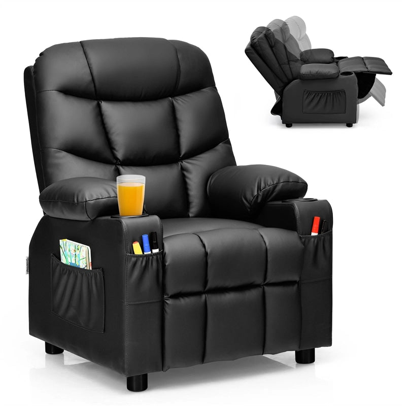 Kids Recliner Chair PU Leather Adjustable Lounge Sofa with Cup Holder, 3 Pockets & Retractable Footrest, Ergonomic Toddler Furniture Sofa