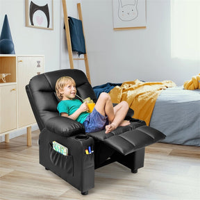 Kids Recliner Chair PU Leather Adjustable Lounge Sofa with Cup Holder, 3 Pockets & Retractable Footrest, Ergonomic Toddler Furniture Sofa
