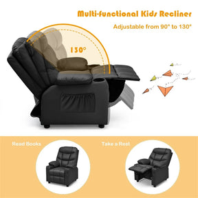 Kids Recliner Chair PU Leather Adjustable Lounge Sofa with Cup Holder, 3 Pockets & Retractable Footrest, Ergonomic Toddler Furniture Sofa