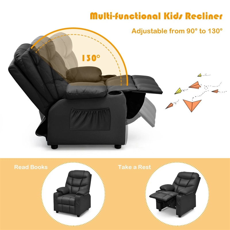 Kids Recliner Chair PU Leather Adjustable Lounge Sofa with Cup Holder, 3 Pockets & Retractable Footrest, Ergonomic Toddler Furniture Sofa