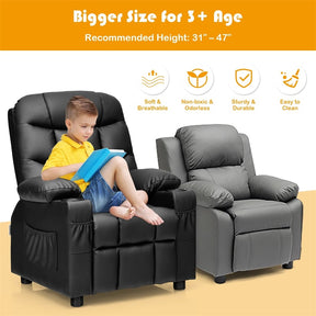 Kids Recliner Chair PU Leather Adjustable Lounge Sofa with Cup Holder, 3 Pockets & Retractable Footrest, Ergonomic Toddler Furniture Sofa